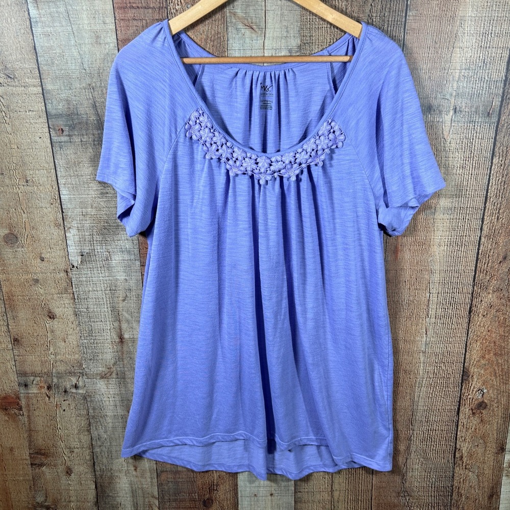 Just My Size Purple Crochet Neck Slub Knit Top Plus Size 2X 18W 20W Short Sleeve